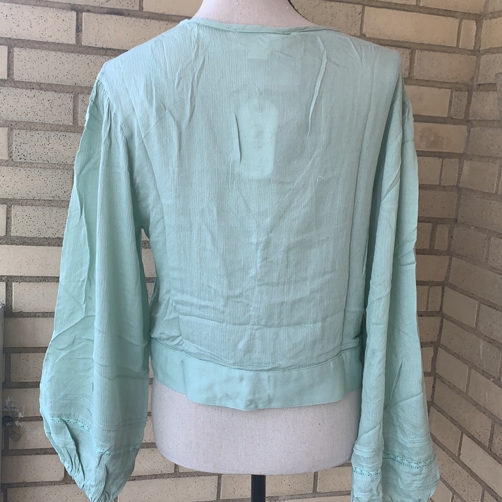 Love Riche Sage Green V-neck Button Up Crochet Detail Tie Top NWT - Picture 5 of 15